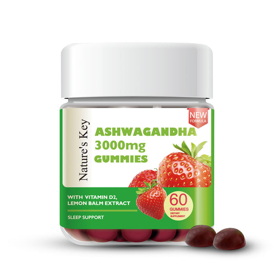 Nature's Key Ashwagandha Gummies, High Potency Ashwagandha Root Extract with Vitamin D2, Support Stress Relief, Relaxed Mood, Sleep for Men & Women (60 Count)