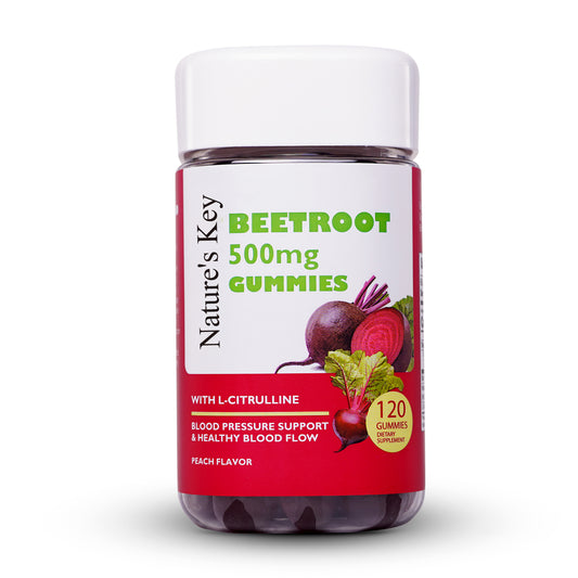 Nature's Key Beetroot Gummies- 0g Added Sugar Beet Root Chews - Lower Blood Pressure, Produce Nitric Oxide Promote Blood Flow - with Hawthorn Extract and L-Citrulline | Peach Flavor (120 Cts)