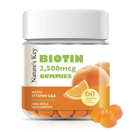 Nature's Key Biotin Gummies with Vitamin C and E, Support Hair Nails Growth & Beautiful Skin for Women Men and Kids, Vegan, Orange Flavors 60 Count