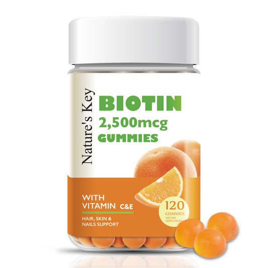 Nature's Key Biotin Gummies with Vitamin C and E, Support Hair Nails Growth & Beautiful Skin for Women Men and Kids, Vegan, Orange Flavors, 120 Count