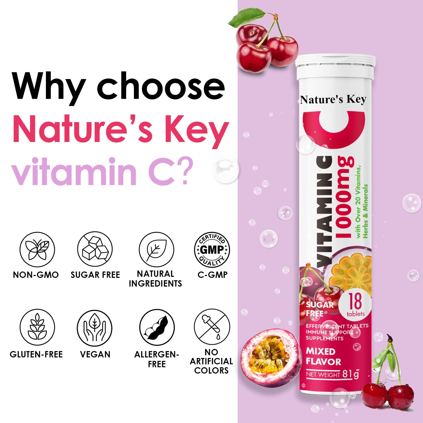 Nature's Key Vitamin C 1000mg with Over 20 Vitamins, Herbs & Minerals Immune Support Effervescent Tablets, Blast of Vitamin A, C, E, Zinc, Selenium, Echinacea & Ginger, Mixed Fruits 18 Count