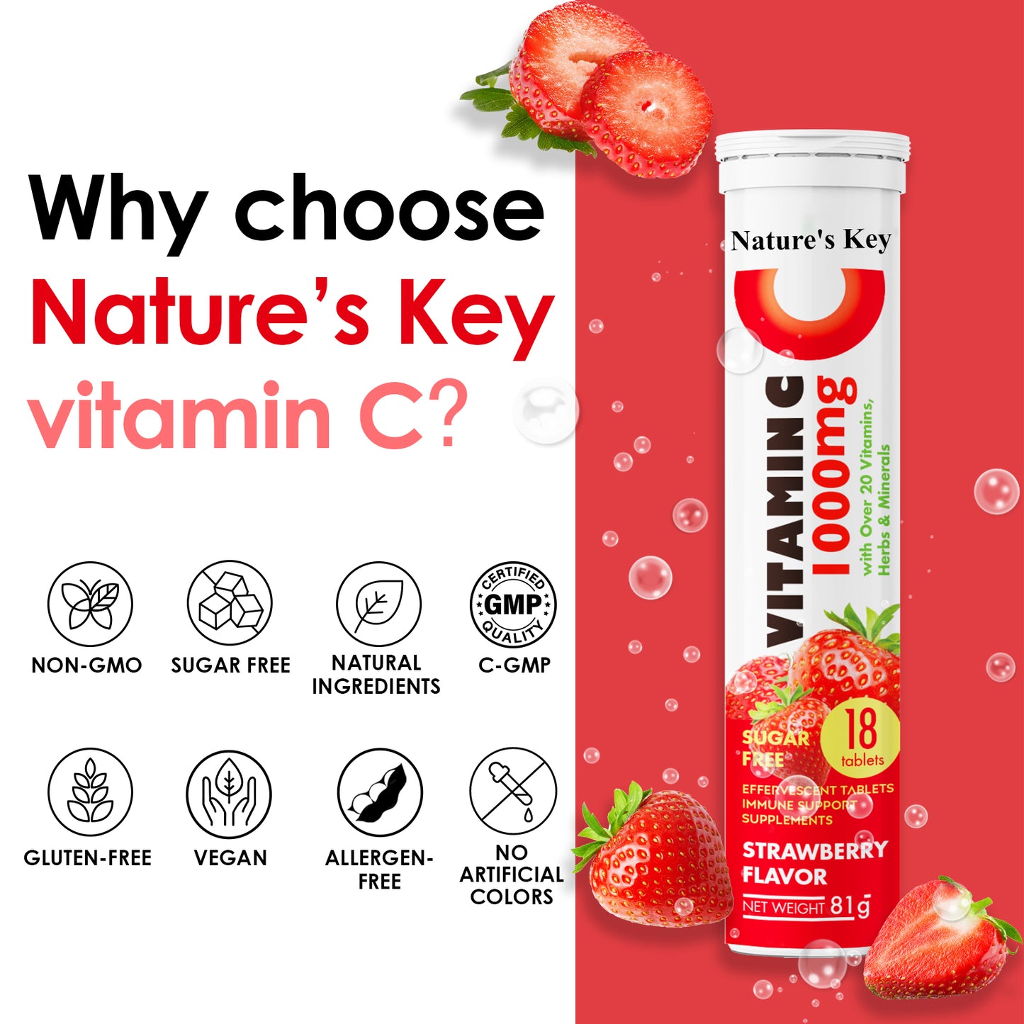 Nature's Key Vitamin C 1000mg with Over 20 Vitamins, Herbs & Minerals Immune Support Effervescent Tablets, Blast of Vitamin A, C, E, Zinc, Selenium, Echinacea & Ginger, Strawberry18 Count