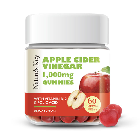 Nature's Key Apple Cider Vinegar Gummies - for Detox and Cleanse Support , Vegan ACV Gummies with Folic Acid Vitamin B6 B12 Beetroot Pomegranate (60 Count (Pack of 1))