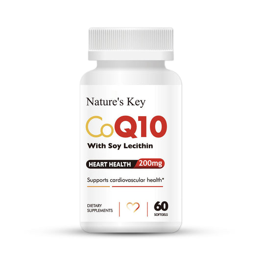 Nature's Key CoQ10 200mg Softgels - Coenzyme Q10 Supplements with 50mg Soy Lecithin -Water Soluble- for Vascular and Heart Health, Energy Production & Antioxidant Support - 1 Month Supply - 60 Cts…